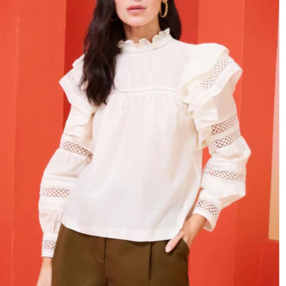 Marie Oliver Cream Ruffle Lace-Trim Blouse
